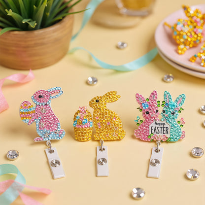 Rabbit 6Pcs DIY Diamond Painting ID Holder with Clip Rhinestone Nurse Badge Reel