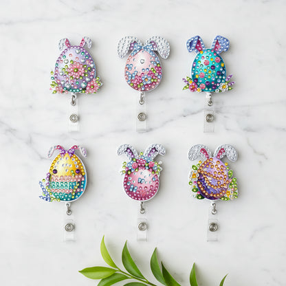 Easter Egg 6Pcs DIY Diamond Painting ID Holder with Clip Rhinestone Badge Reel
