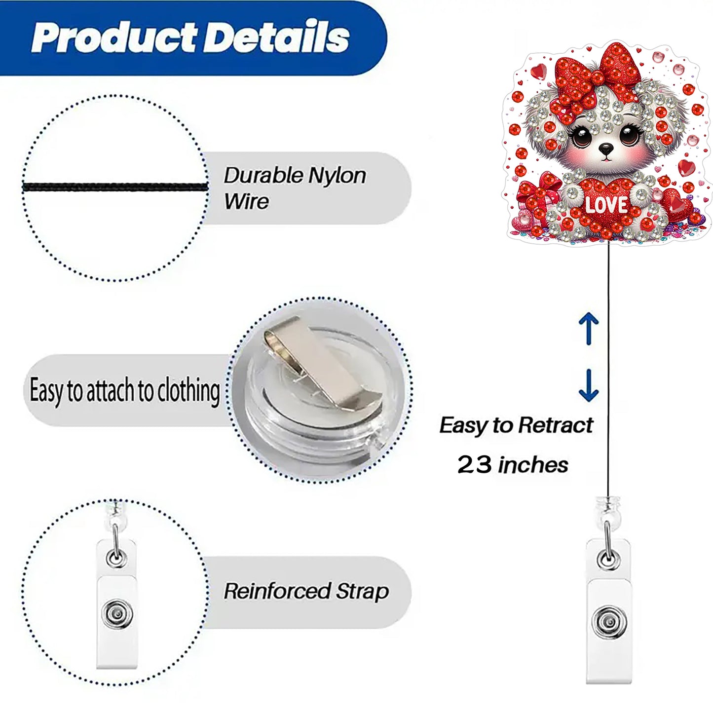 Heart 6Pcs DIY Diamond Painting ID Holder with Clip Rhinestone Nurse Badge Reel