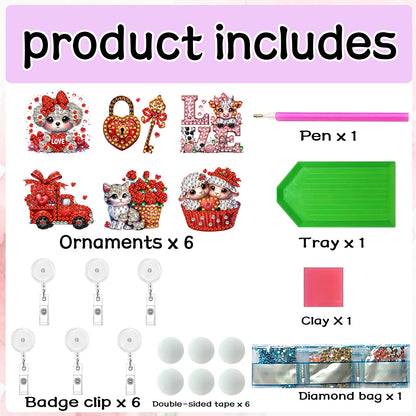 Heart 6Pcs DIY Diamond Painting ID Holder with Clip Rhinestone Nurse Badge Reel