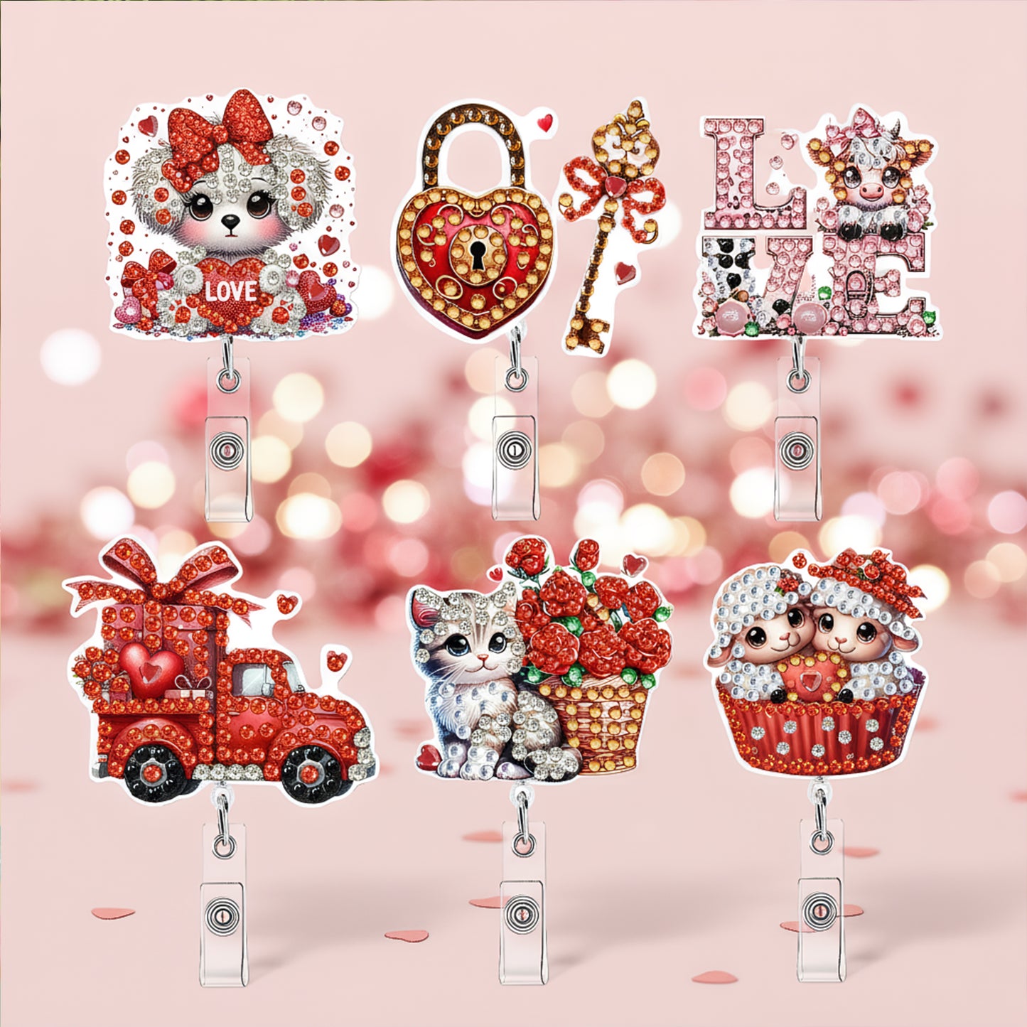 Heart 6Pcs DIY Diamond Painting ID Holder with Clip Rhinestone Nurse Badge Reel
