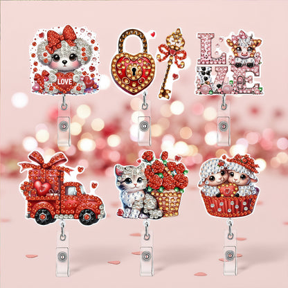 Heart 6Pcs DIY Diamond Painting ID Holder with Clip Rhinestone Nurse Badge Reel
