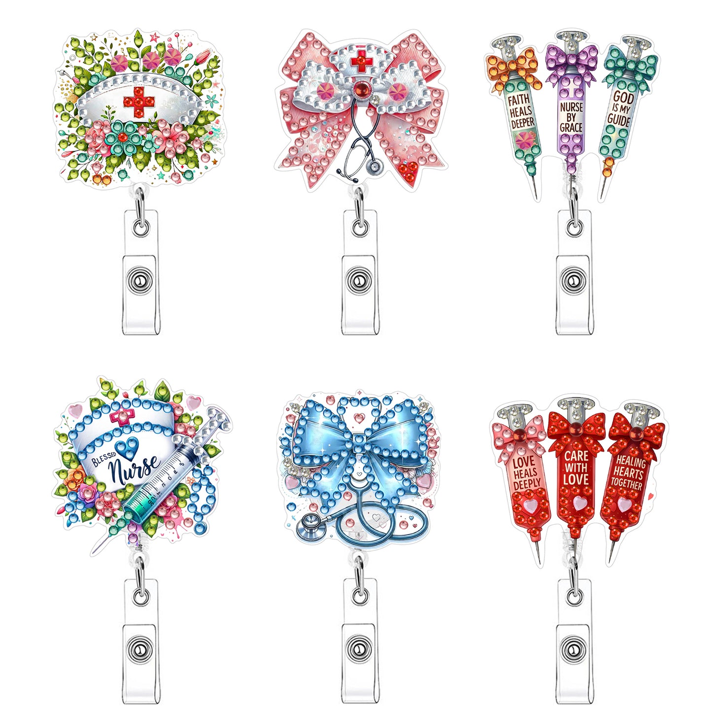 Easter 6Pcs DIY Diamond Painting ID Holder with Clip Rhinestone Nurse Badge Reel