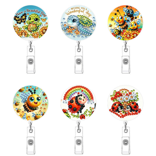 Insects Animals 6Pcs DIY Diamond Art ID Holder with Clip Rhinestone Badge Reel