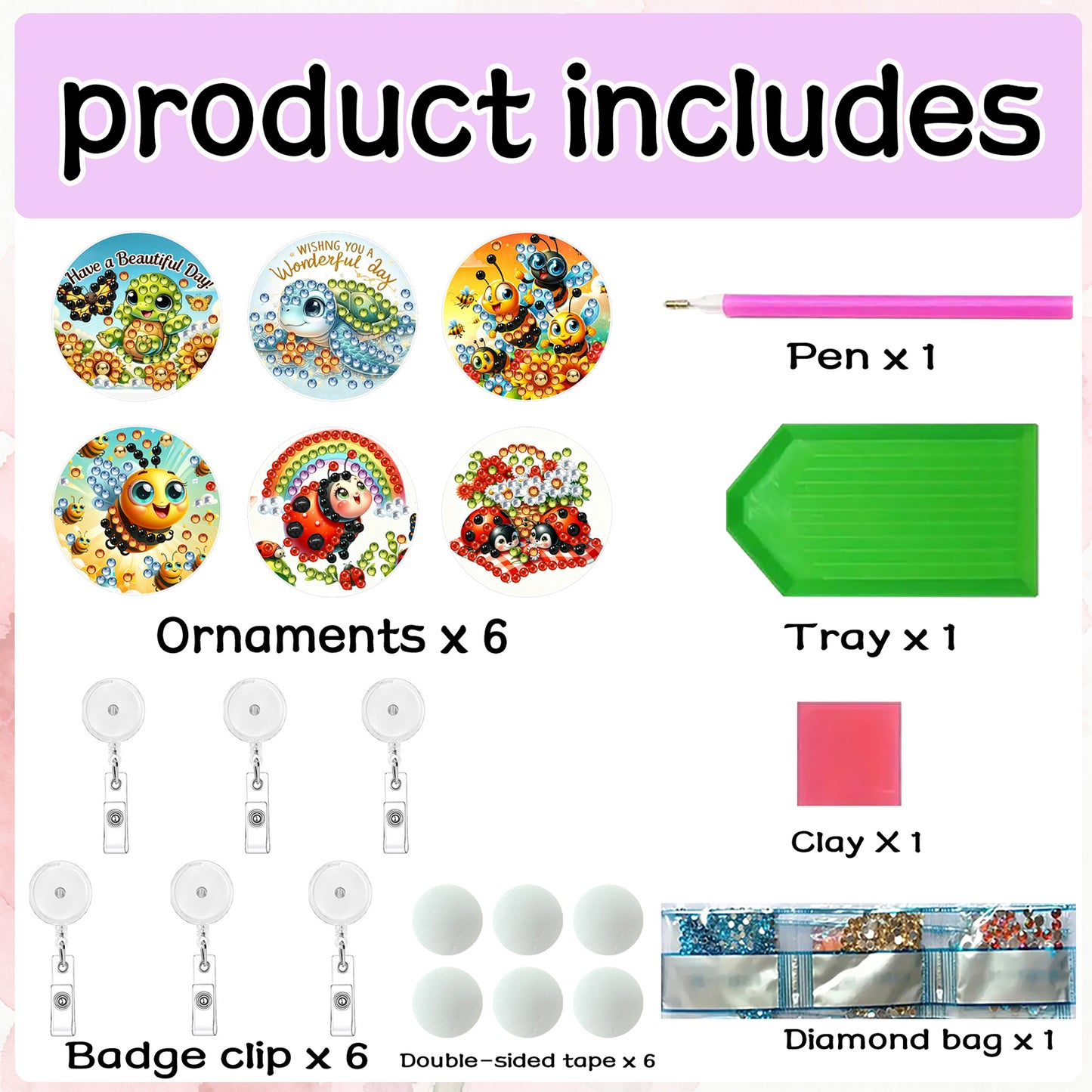 Insects Animals 6Pcs DIY Diamond Art ID Holder with Clip Rhinestone Badge Reel