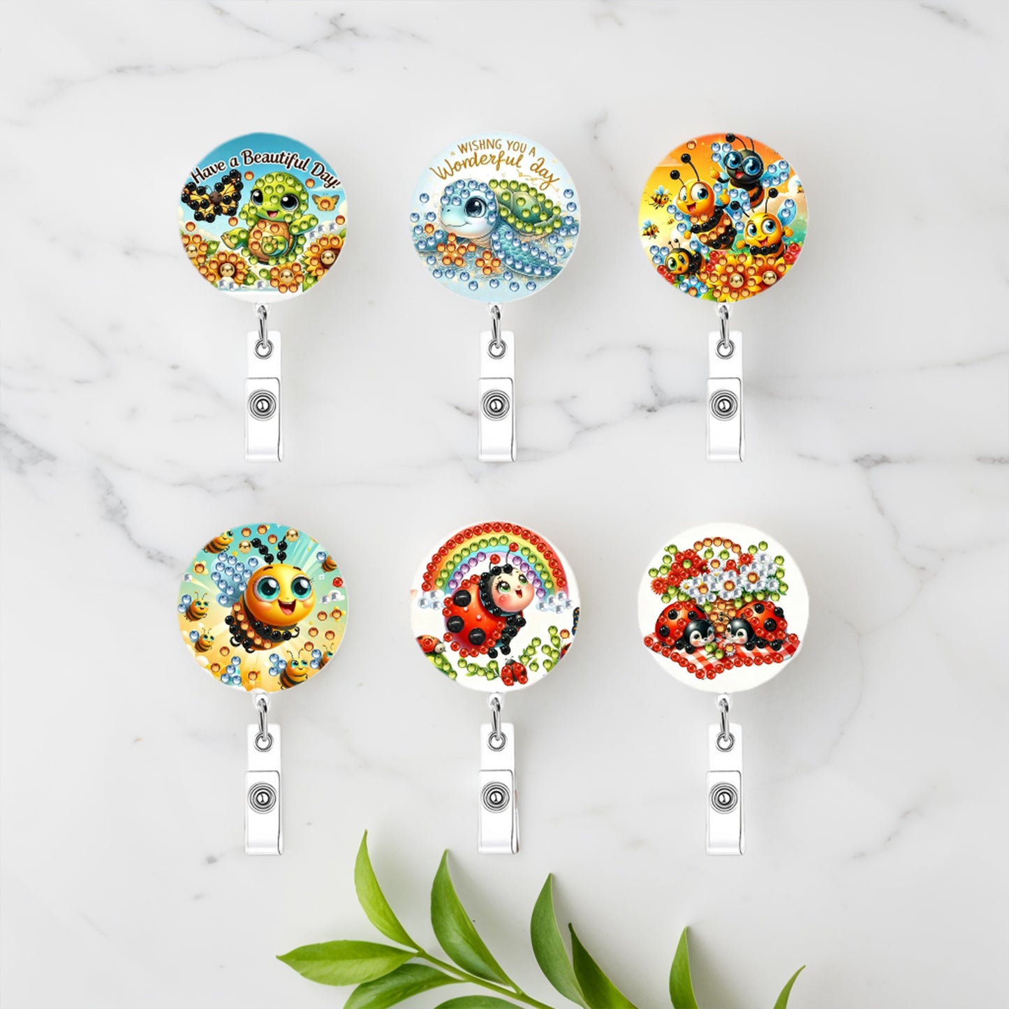 Insects Animals 6Pcs DIY Diamond Art ID Holder with Clip Rhinestone Badge Reel