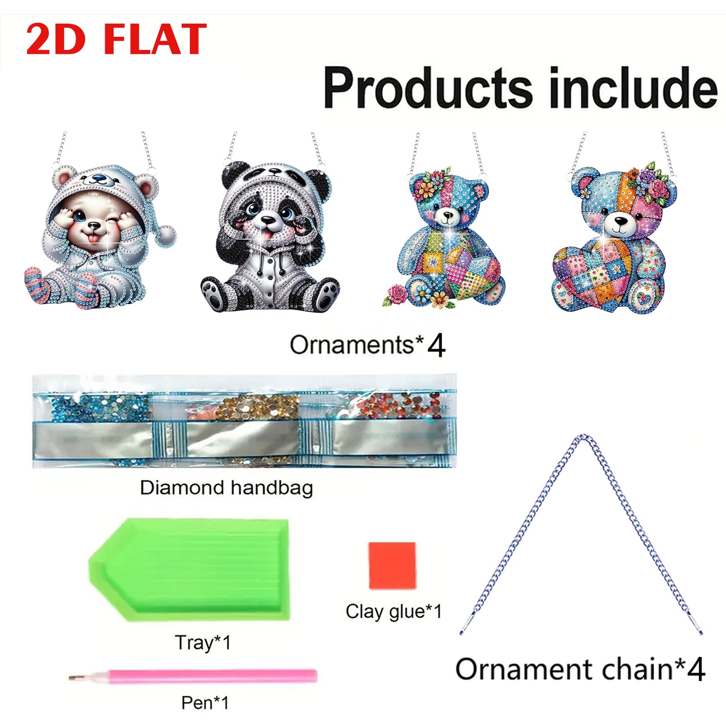 4pcs Bear Panda DIY 2D Flat Special Shaped Diamond Painting Kits Pendant Gifts