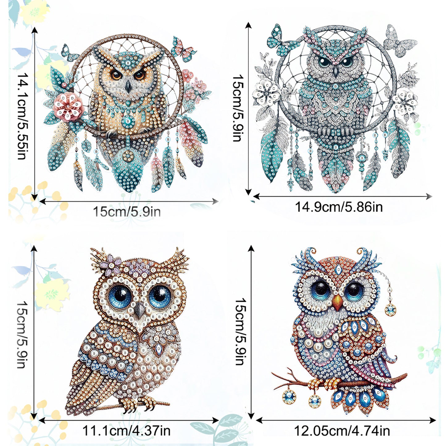 4pcs Owl DIY 2D Flat Special Shaped Diamond Painting Kits Pendant Home Decor