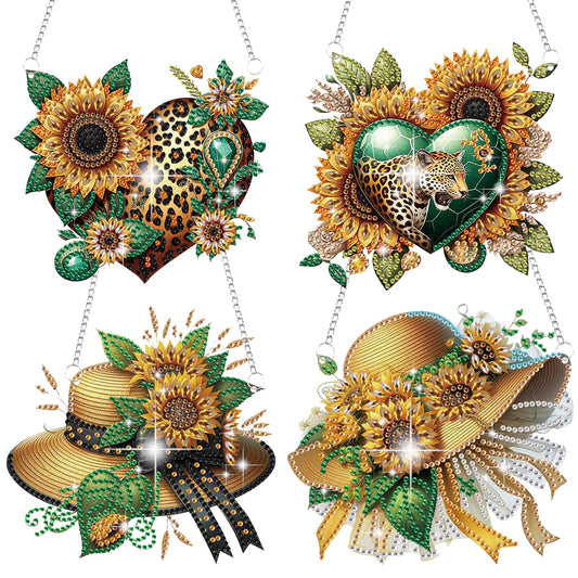 4pcs Sunflower Heart Hat DIY 2D Flat Special Shaped Diamond Painting Kit Pendant