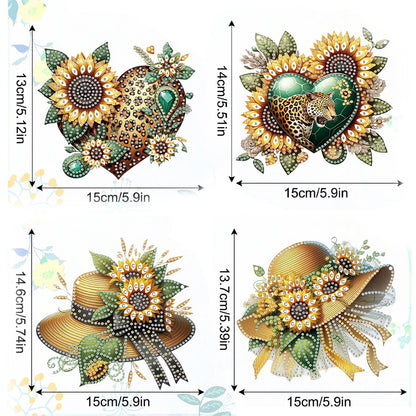 4pcs Sunflower Heart Hat DIY 2D Flat Special Shaped Diamond Painting Kit Pendant
