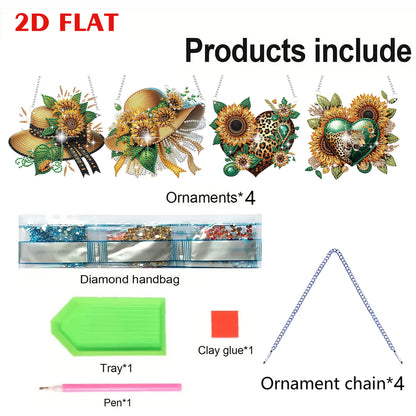 4pcs Sunflower Heart Hat DIY 2D Flat Special Shaped Diamond Painting Kit Pendant