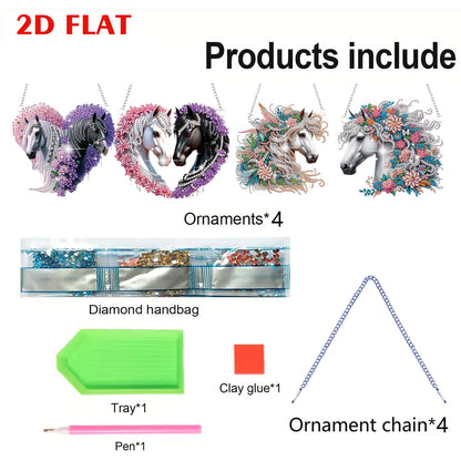 4pcs Flower Horse DIY 2D Flat Special Shaped Diamond Painting Kits Pendant Gifts