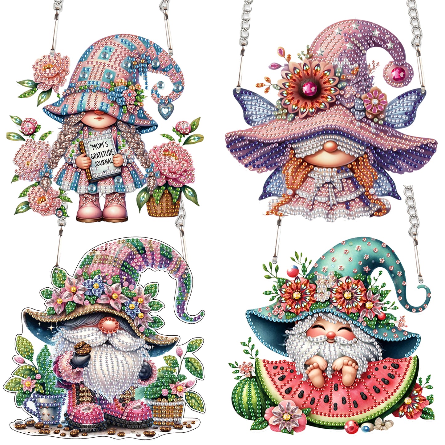 4pcs Flower Gnome DIY 2D Flat Special Shaped Diamond Painting Kits Pendant Gifts