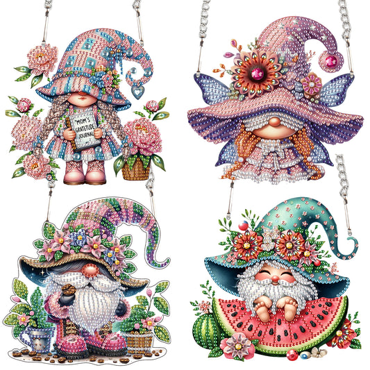 4pcs Flower Gnome DIY 2D Flat Special Shaped Diamond Painting Kits Pendant Gifts