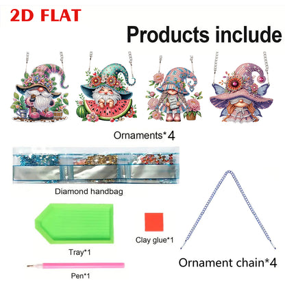 4pcs Flower Gnome DIY 2D Flat Special Shaped Diamond Painting Kits Pendant Gifts