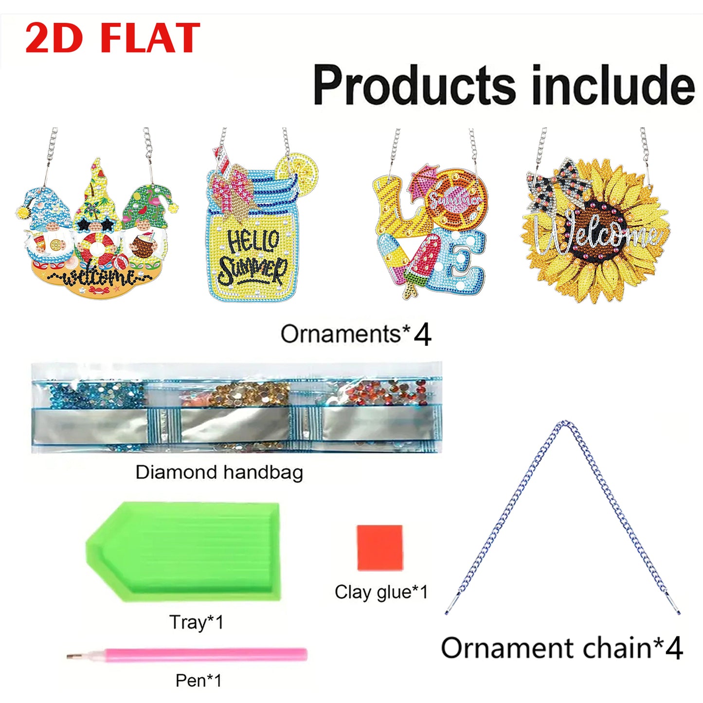 4pcs Summer Atmosphere DIY 2D Flat Special Shaped Diamond Painting Kits Pendant