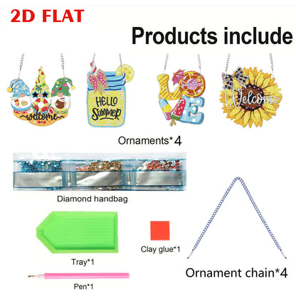 4pcs Summer Atmosphere DIY 2D Flat Special Shaped Diamond Painting Kits Pendant