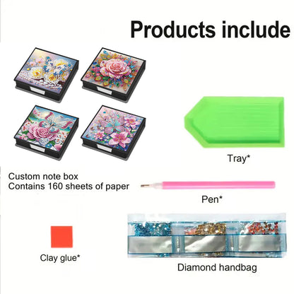 4Pcs Butterfly 5D DIY PU Diamond Painting Kit Note Box with 160 Sheets Paper