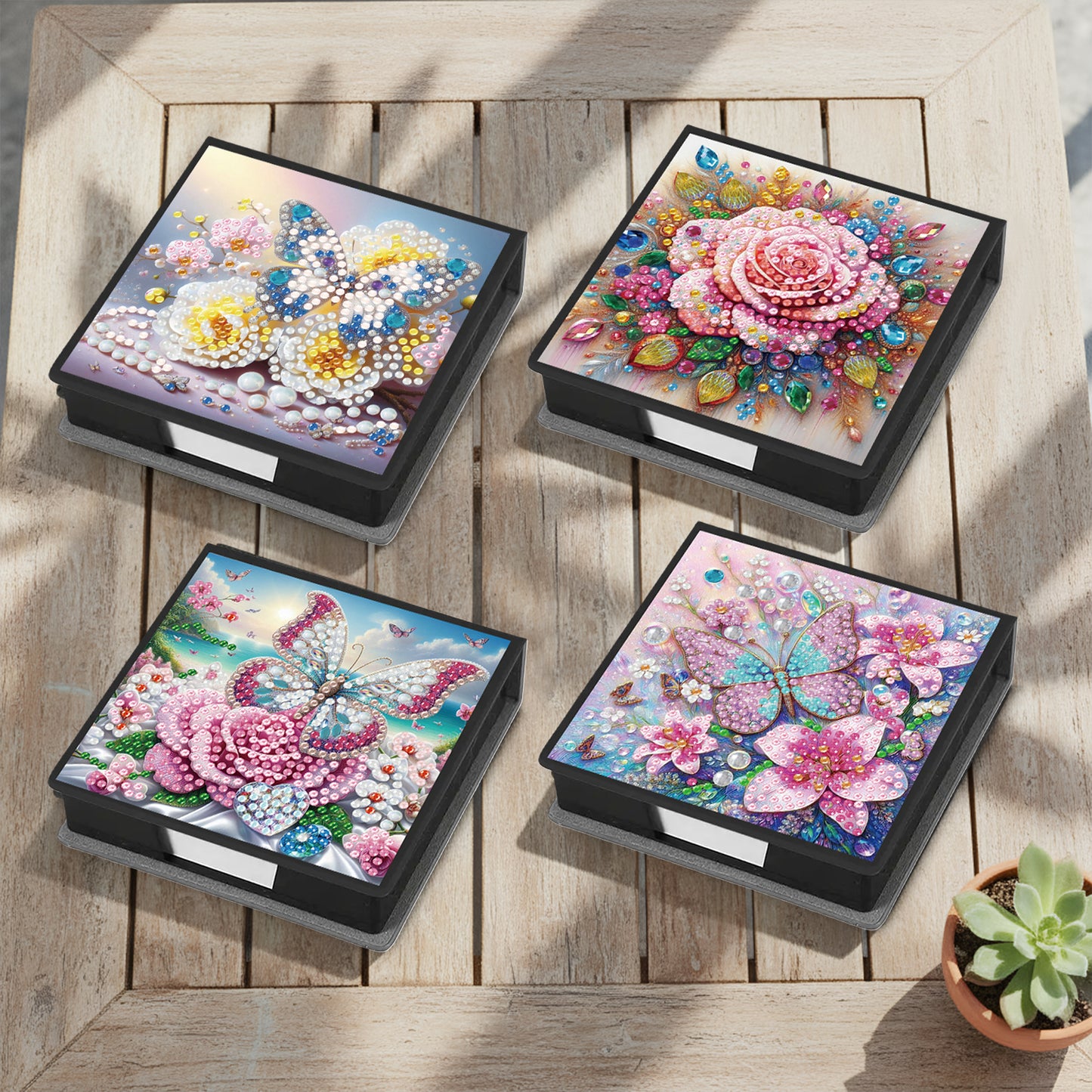 4Pcs Butterfly 5D DIY PU Diamond Painting Kit Note Box with 160 Sheets Paper