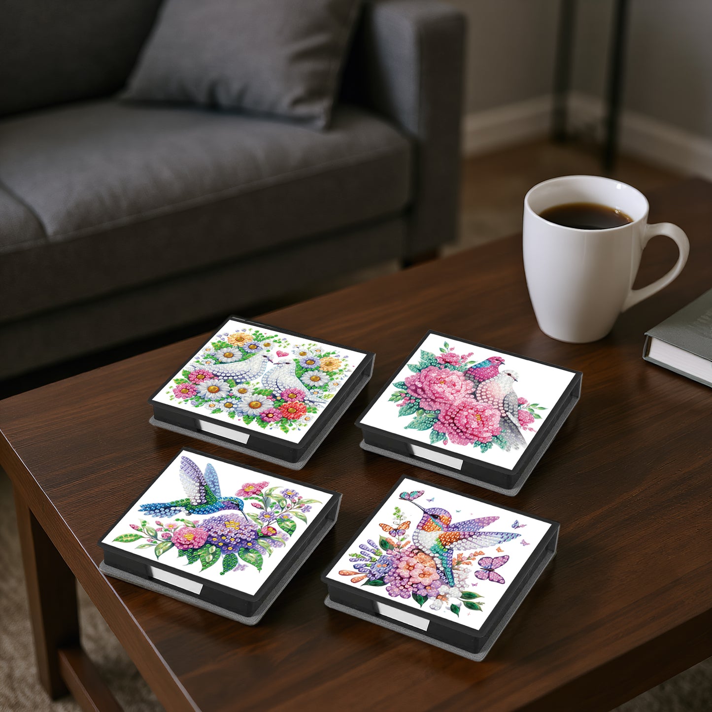 4Pcs Bird 5D DIY PU Diamond Painting Kit Office Note Box with 640 Sheets Paper