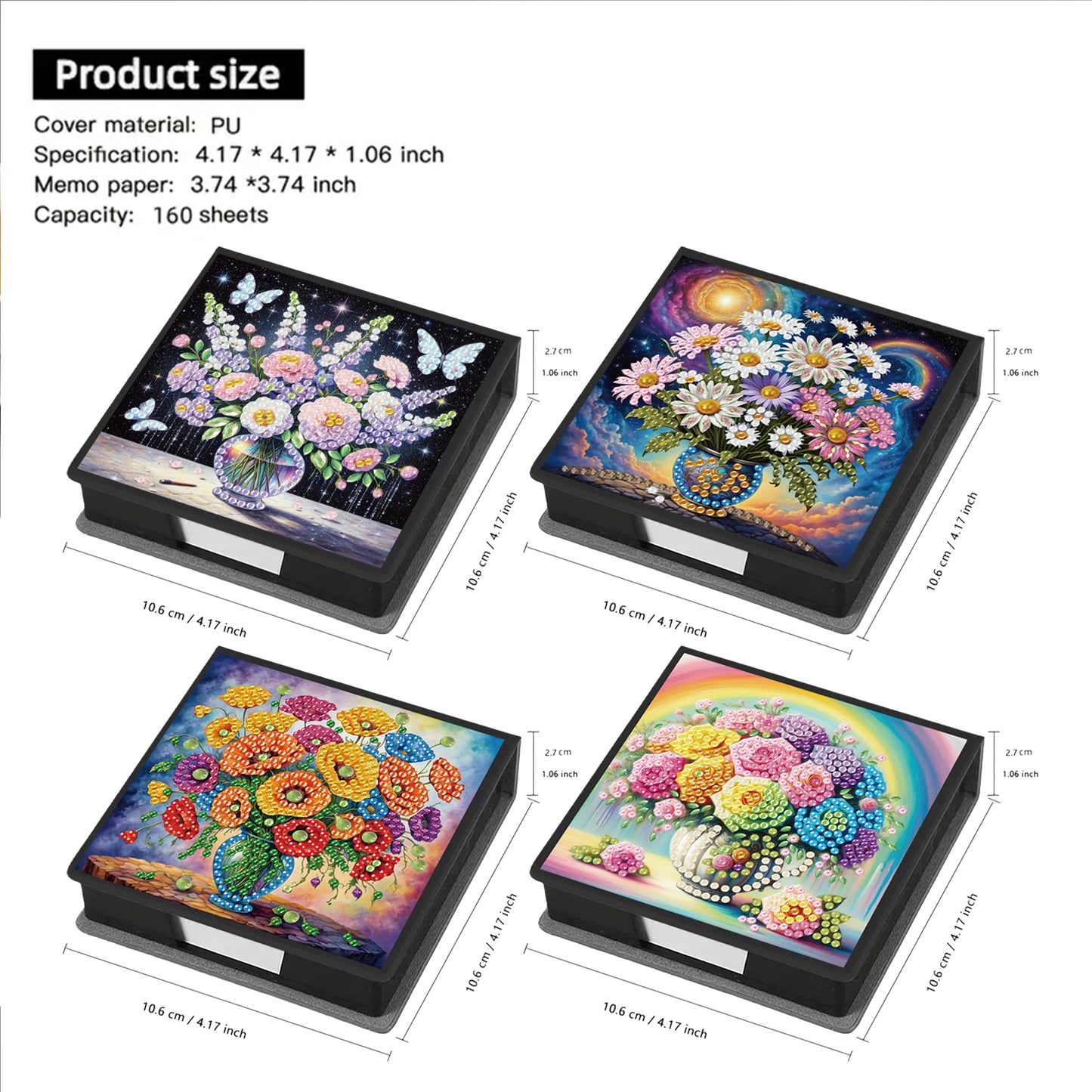 4Pcs Vase 5D DIY PU Diamond Painting Kit Office Note Box with 640 Sheets Paper