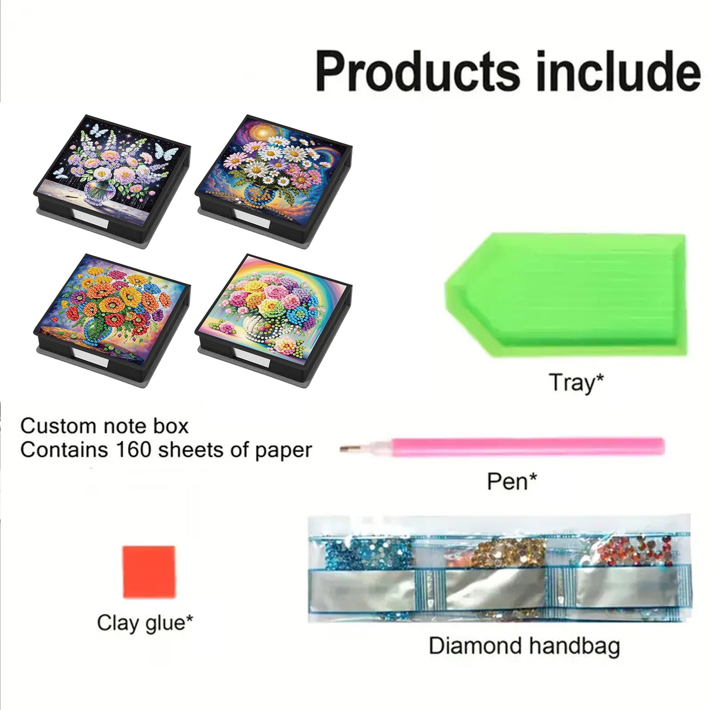 4Pcs Vase 5D DIY PU Diamond Painting Kit Office Note Box with 640 Sheets Paper