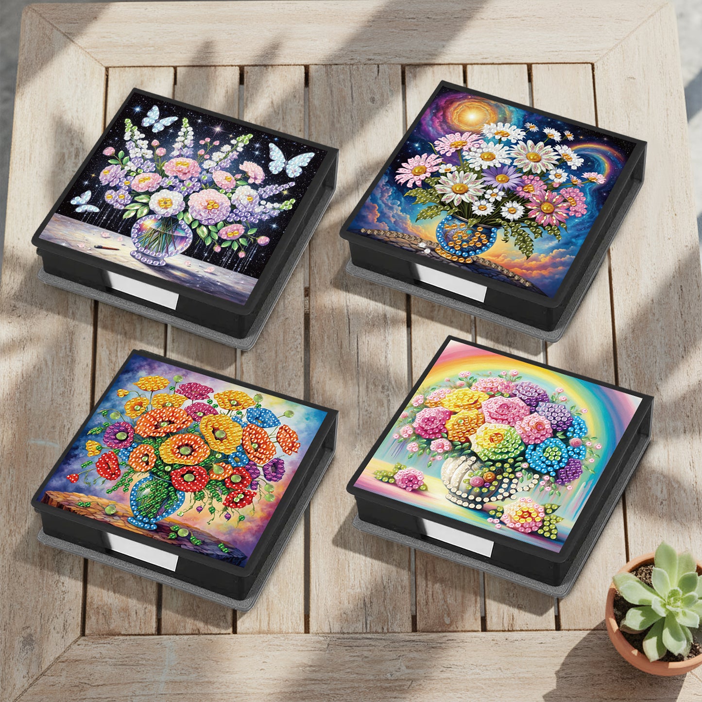 4Pcs Vase 5D DIY PU Diamond Painting Kit Office Note Box with 640 Sheets Paper