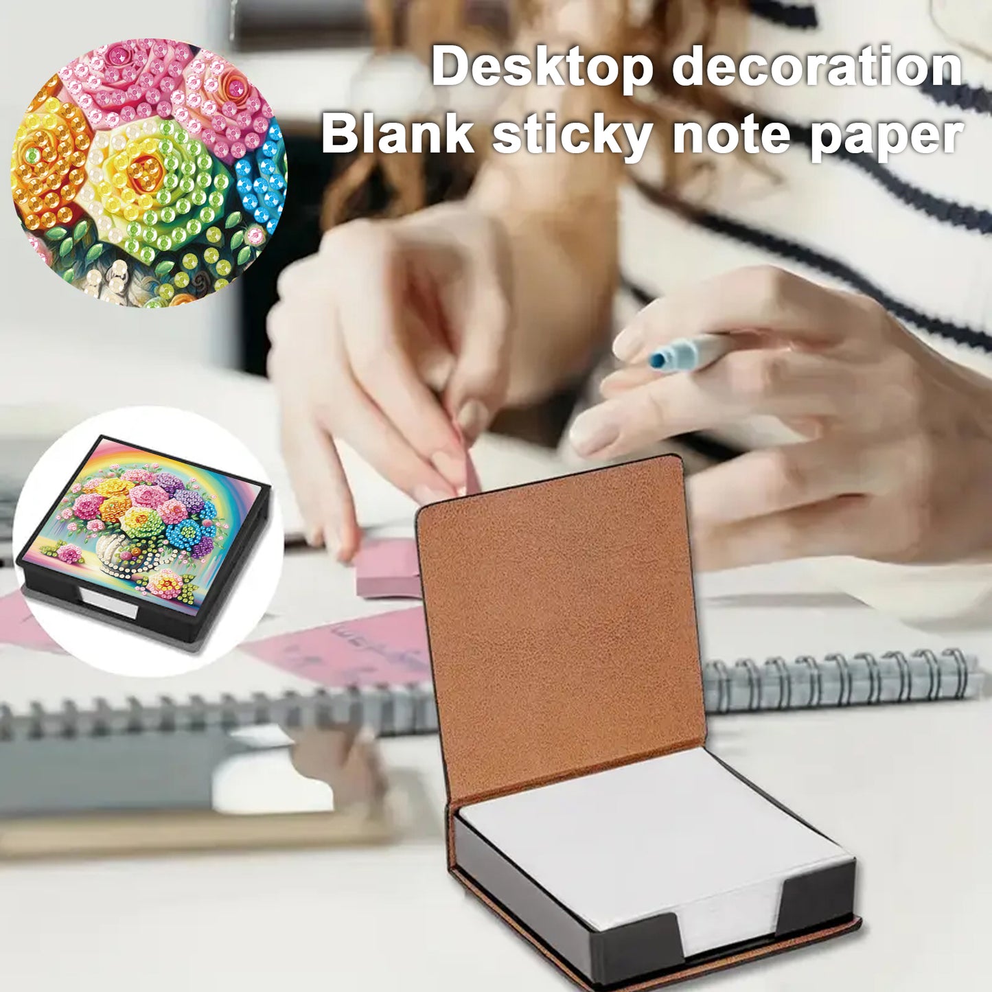 4Pcs Vase 5D DIY PU Diamond Painting Kit Office Note Box with 640 Sheets Paper