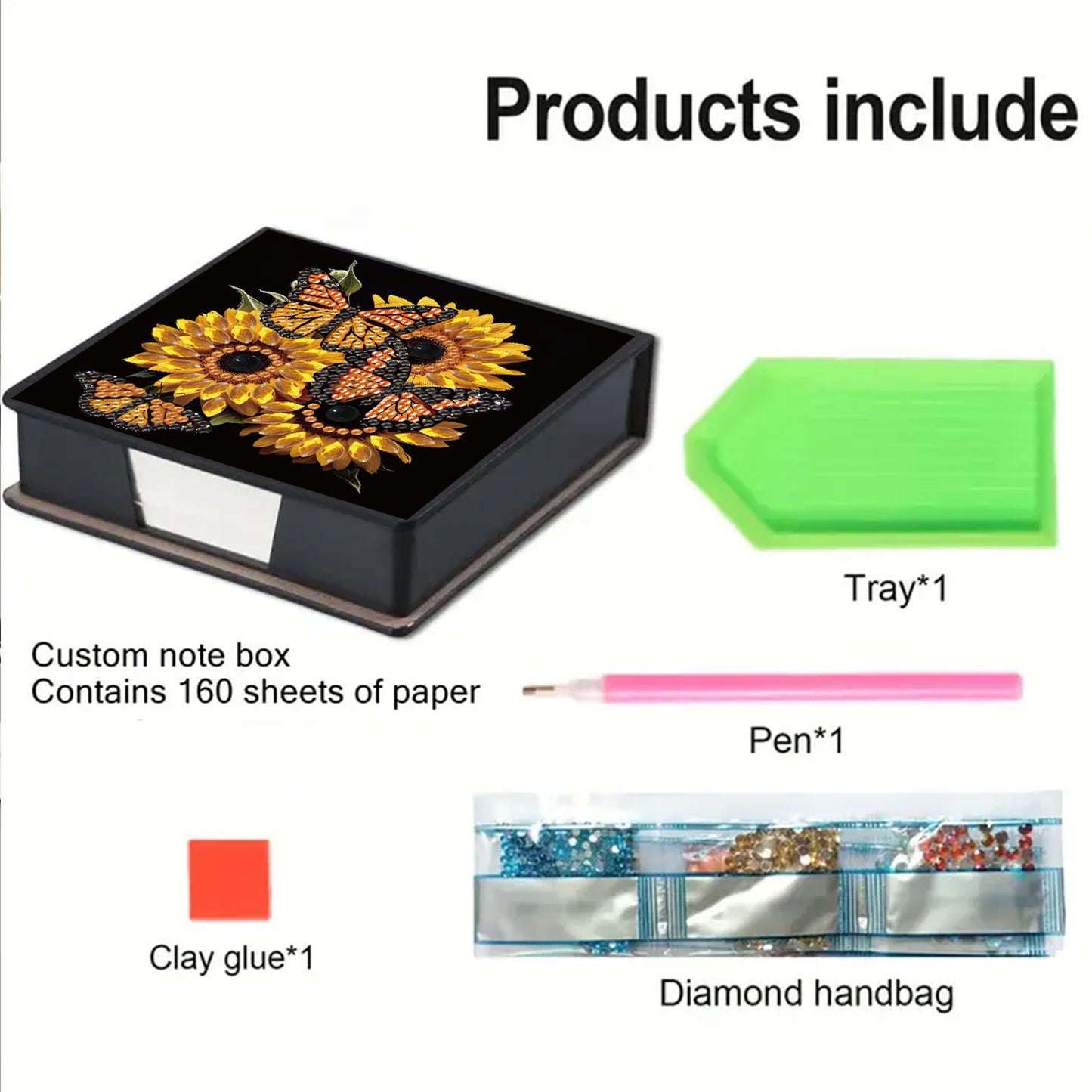 Butterfly 5D DIY PU Diamond Painting Kit Note Box with 160 Sheets Paper Holder