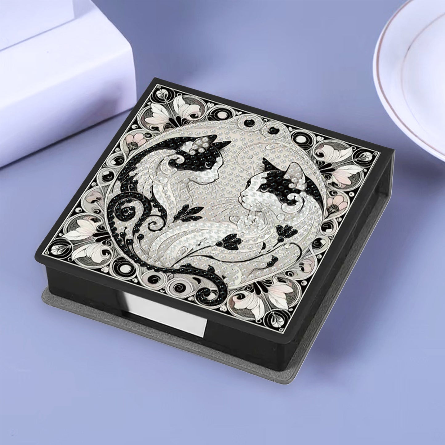 Cat 5D DIY PU Diamond Painting Kit Note Box with 160 Sheets Paper Memo Holder