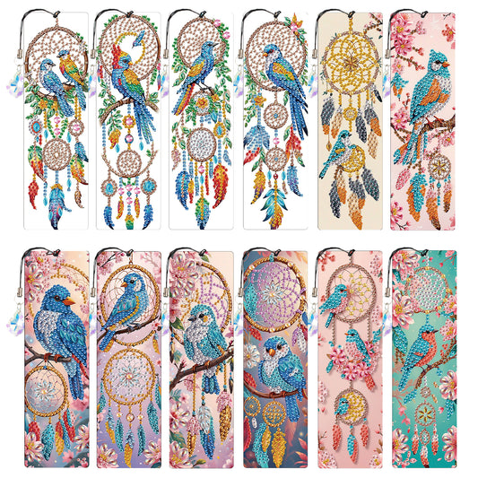 12Pcs Bluebird DIY Diamond Painting Bookmark with Crystal Pendant for Readers