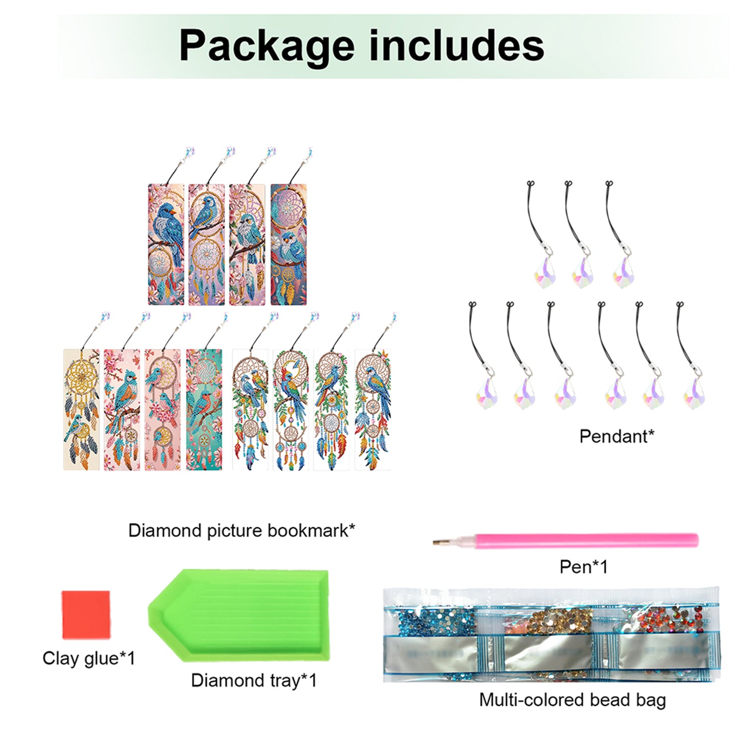 12Pcs Bluebird DIY Diamond Painting Bookmark with Crystal Pendant for Readers