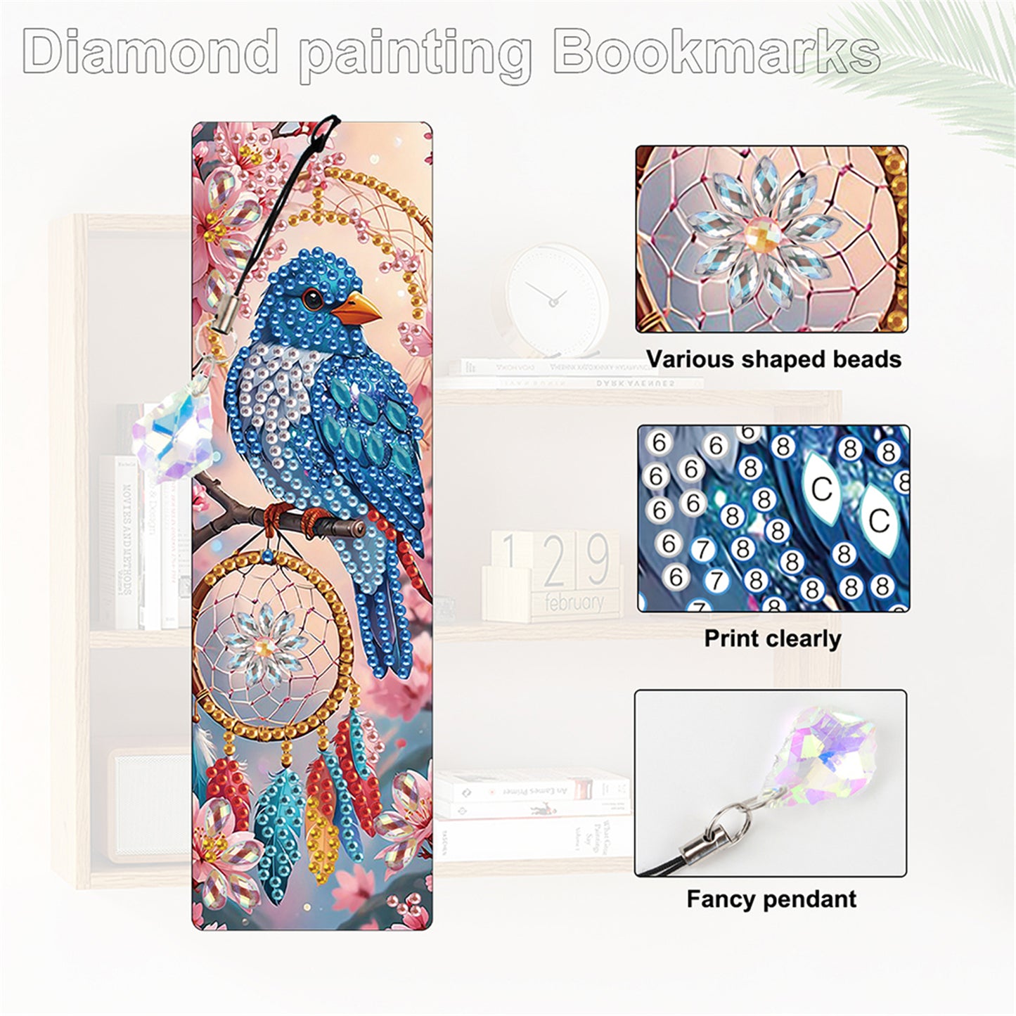 12Pcs Bluebird DIY Diamond Painting Bookmark with Crystal Pendant for Readers