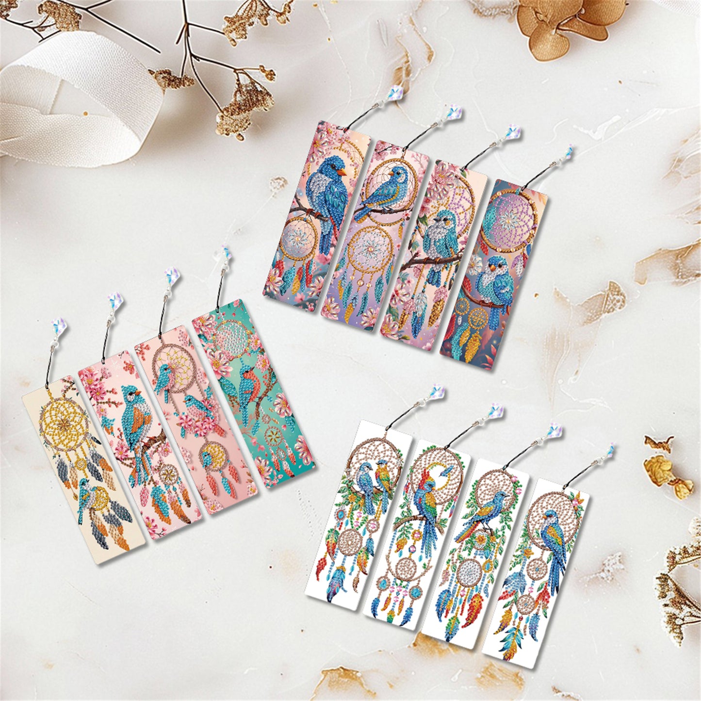 12Pcs Bluebird DIY Diamond Painting Bookmark with Crystal Pendant for Readers
