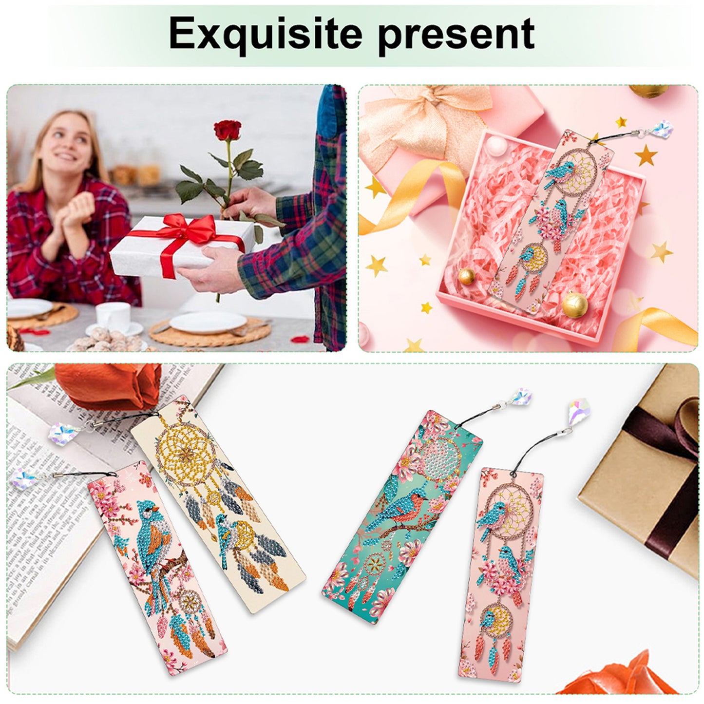 12Pcs Bluebird DIY Diamond Painting Bookmark with Crystal Pendant for Readers