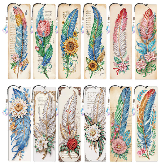 12Pcs Feathers DIY Diamond Painting Bookmark with Crystal Pendant for Readers