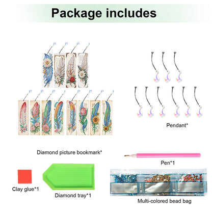 12Pcs Feathers DIY Diamond Painting Bookmark with Crystal Pendant for Readers