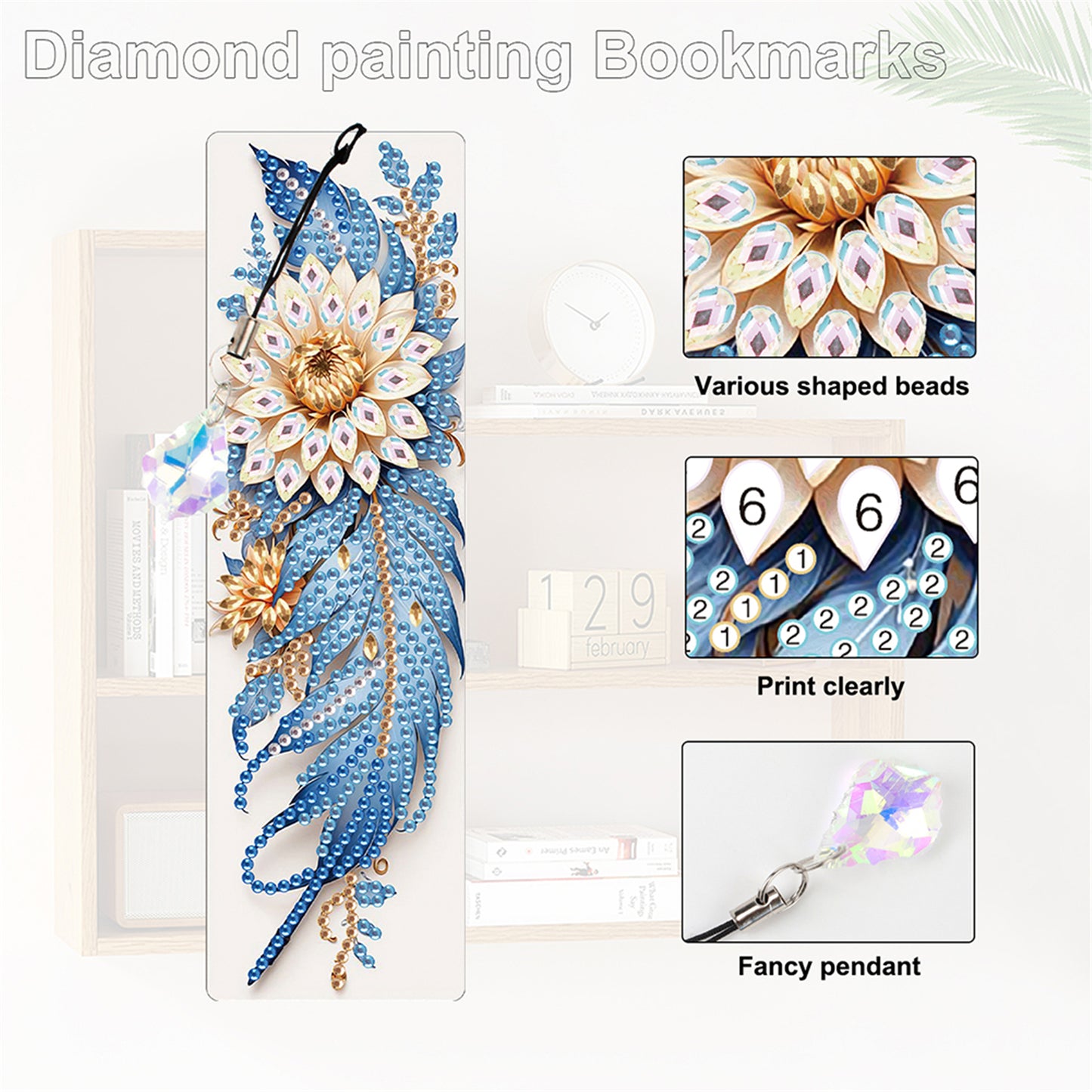 12Pcs Feathers DIY Diamond Painting Bookmark with Crystal Pendant for Readers