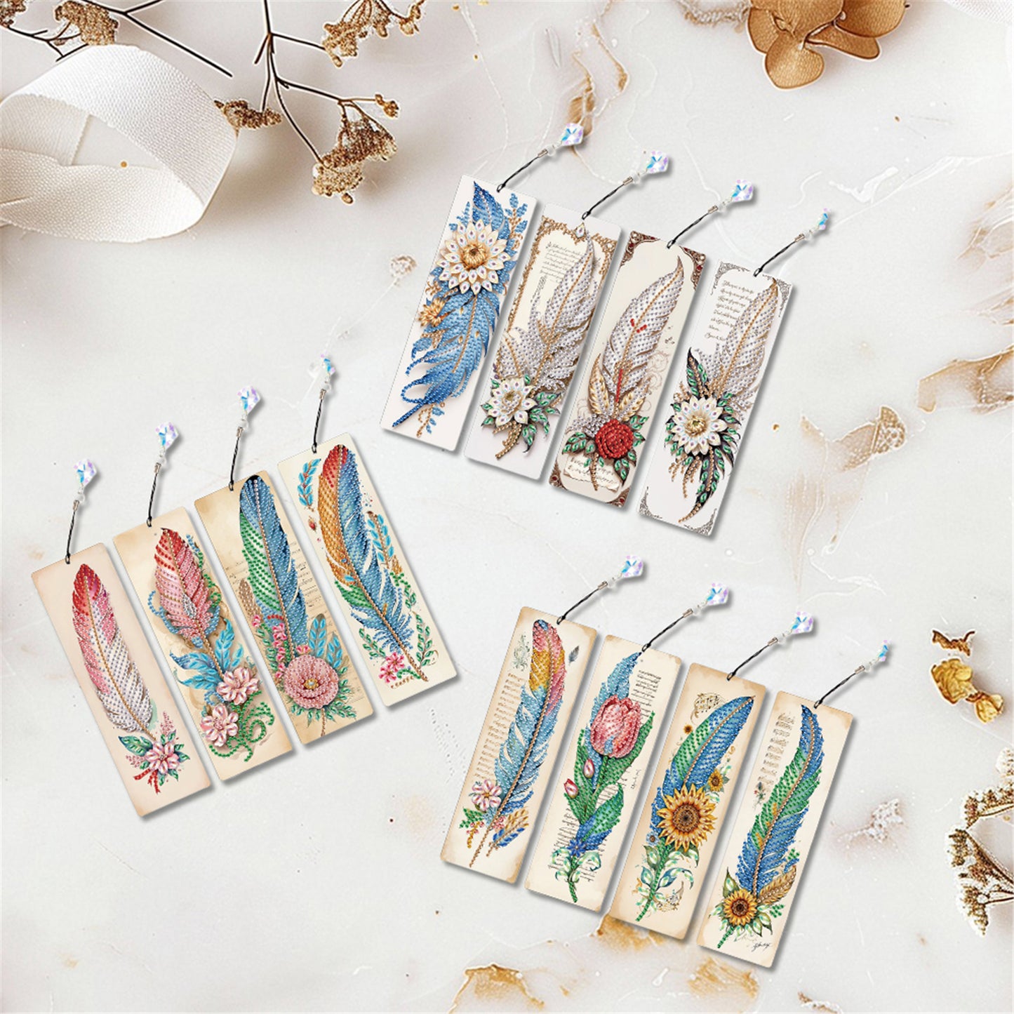12Pcs Feathers DIY Diamond Painting Bookmark with Crystal Pendant for Readers