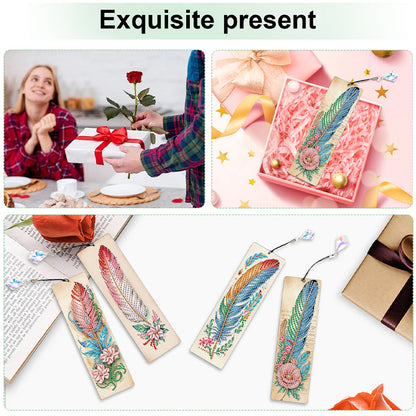 12Pcs Feathers DIY Diamond Painting Bookmark with Crystal Pendant for Readers