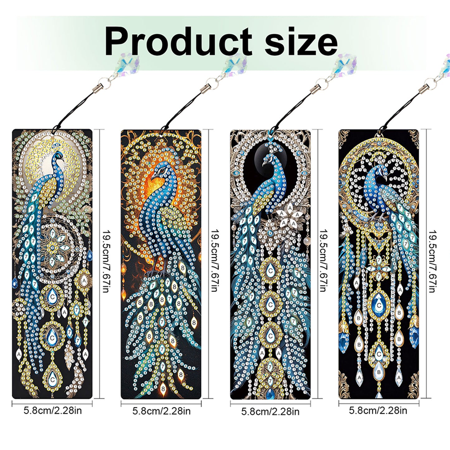 12Pcs Peacock DIY Diamond Painting Bookmark with Crystal Pendant for Readers