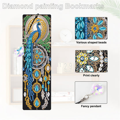 12Pcs Peacock DIY Diamond Painting Bookmark with Crystal Pendant for Readers