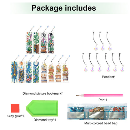 12Pcs Books DIY Diamond Painting Bookmark with Crystal Pendant for Book Decor