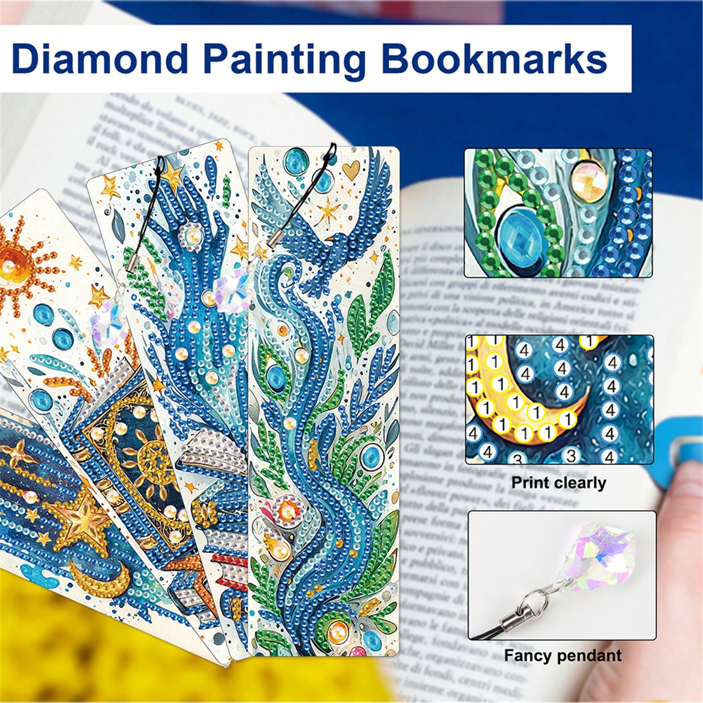 12Pcs Books DIY Diamond Painting Bookmark with Crystal Pendant for Book Decor