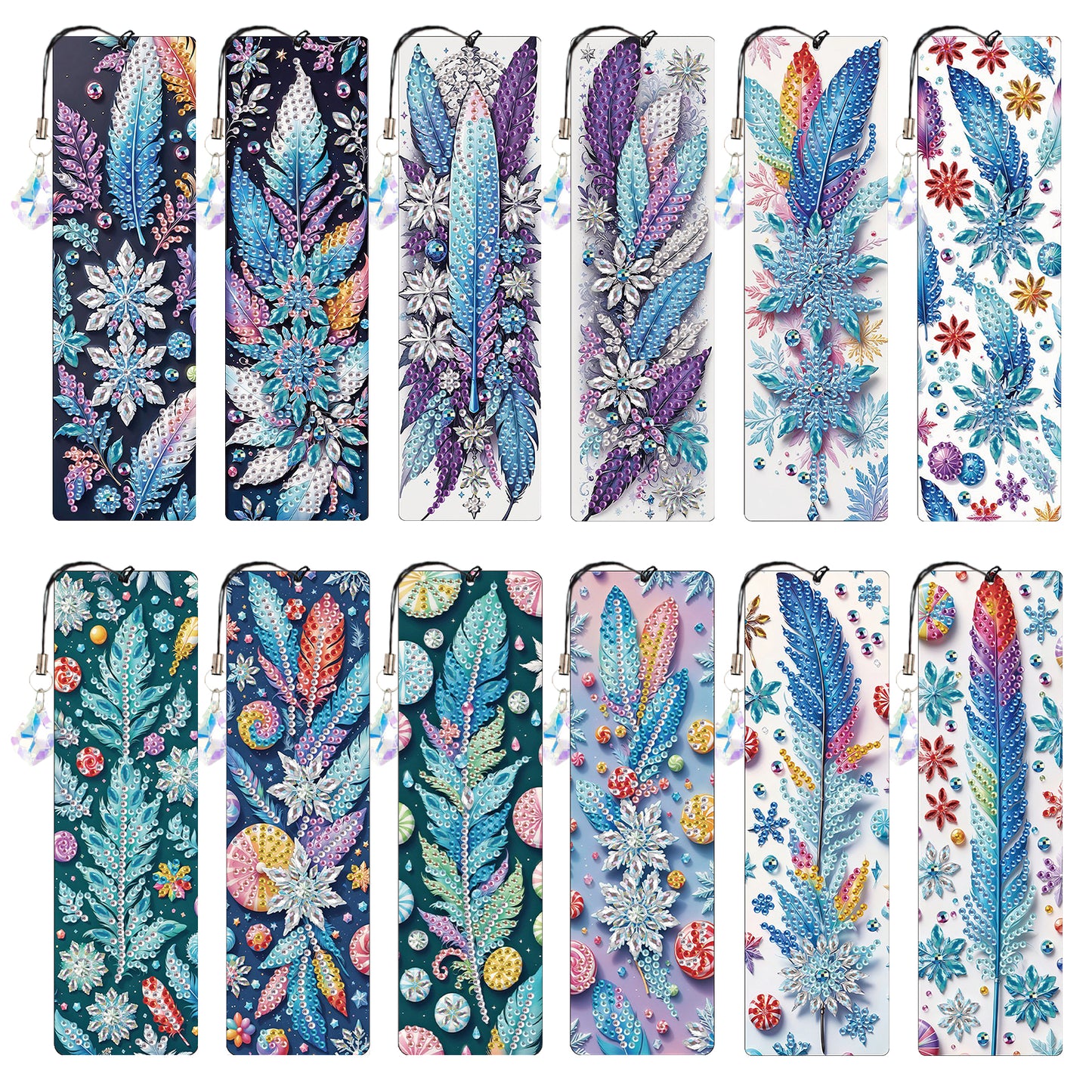 12Pcs Dreamy Feathers DIY Diamond Painting Bookmark with Crystal Pendant Decor