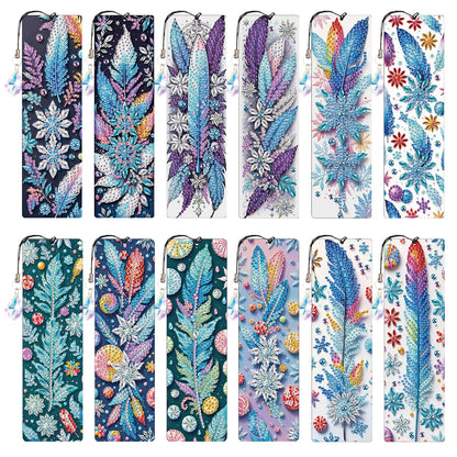 12Pcs Dreamy Feathers DIY Diamond Painting Bookmark with Crystal Pendant Decor