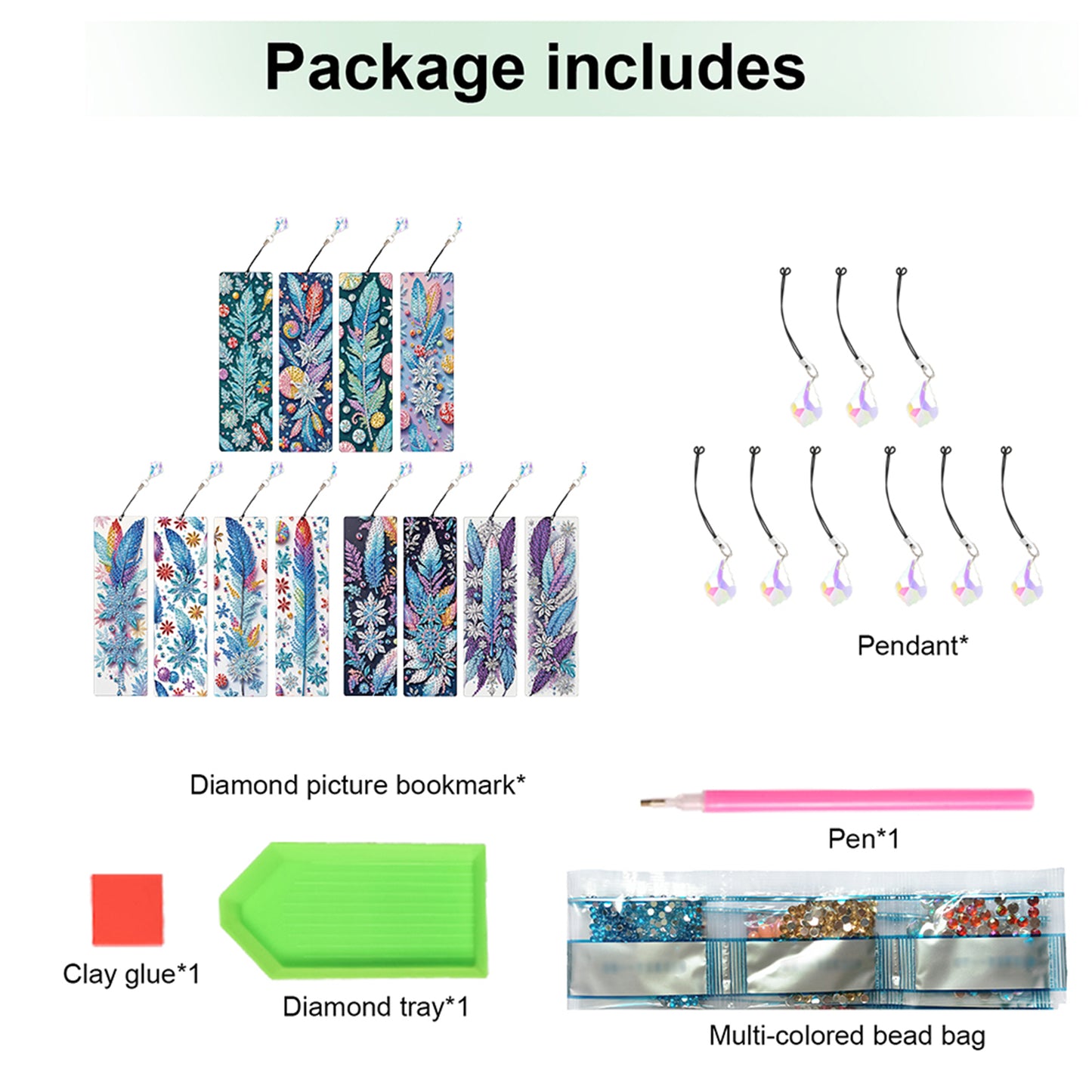 12Pcs Dreamy Feathers DIY Diamond Painting Bookmark with Crystal Pendant Decor