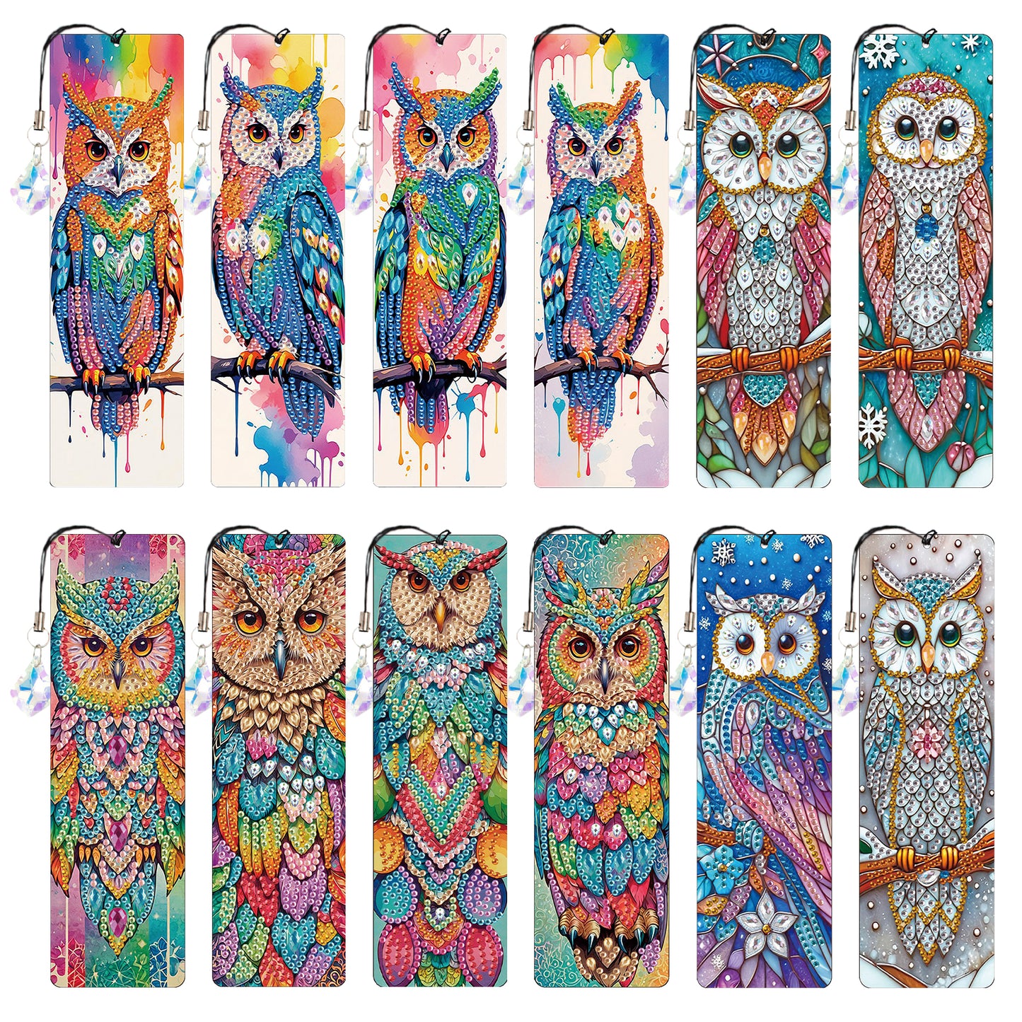 12Pcs Owl DIY Diamond Painting Bookmark with Crystal Pendant for Book Decor