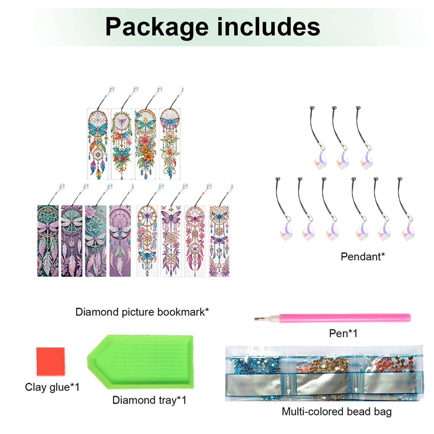 12Pcs Butterfly DIY Diamond Painting Bookmark with Crystal Pendant for Readers