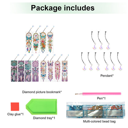 12Pcs Butterfly DIY Diamond Painting Bookmark with Crystal Pendant for Readers